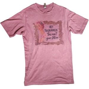Distressed Pink Graphic Tee‎ "Hey Trainwreck..." size xs unisex